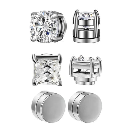 3 paia di orecchini a clip magnetici resistenti in cristallo per uomini e donne Orecchini con magnete zircone rotondo punk Gioielli non penetranti platinumshop