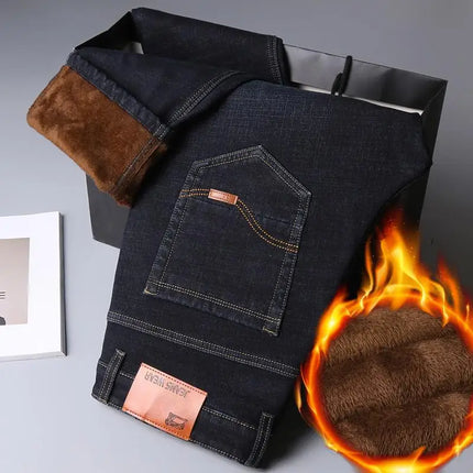 2025 New business casual Trousers Grey Fleece Men Clothes Black Elasticity Warm Winter Jeans Velvet Jeans