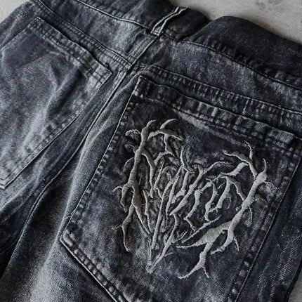 Pantaloncini Larghi Unisex Stile Gotico Retrò Y2K, Jeans Phantom con Ricamo a Ragno, Streetwear Hip Hop