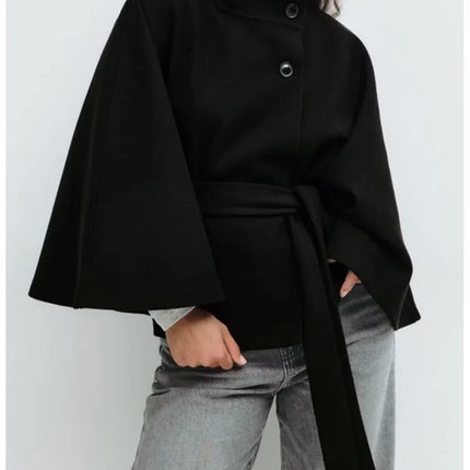 Autumn And Winter New Fashion Solid Color Cloak Stand-up Collar Button Belt Windbreaker Jacket Women's Temperament Commuting Top