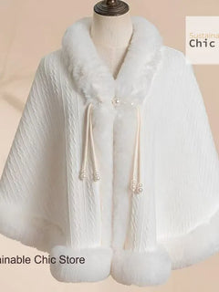 Korean style thick cloak shawl with cheongsam women's autumn and winter fur collar plus velvet to keep warm Chinese cardigan.