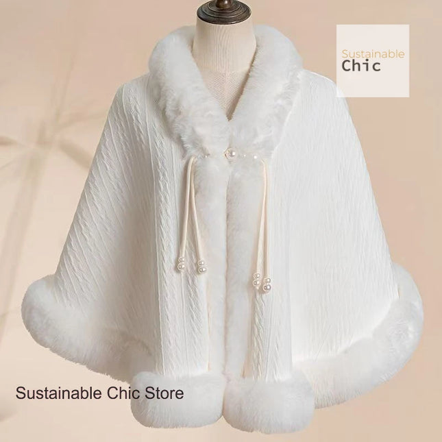 Korean style thick cloak shawl with cheongsam women's autumn and winter fur collar plus velvet to keep warm Chinese cardigan.
