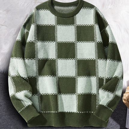 Retro Trendy Plaid Jacquard Pattern Pullover Sweater Casual Round Neck Color-Block Knit Men's Pullover