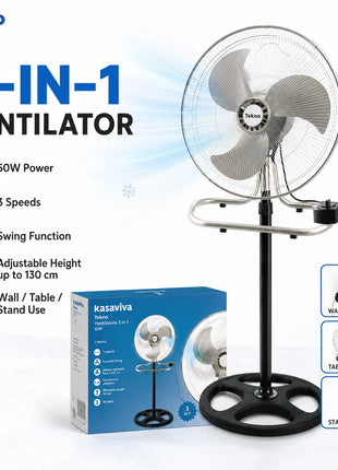 Ventilatore in metallo 50W 3 in 1 regolabile in altezza, da pavimento, tavolo e parete, fino a 130 cm, per uso domestico