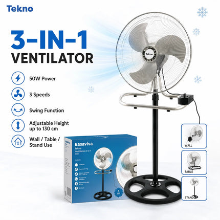 Ventilatore in metallo 50W 3 in 1 regolabile in altezza, da pavimento, tavolo e parete, fino a 130 cm, per uso domestico