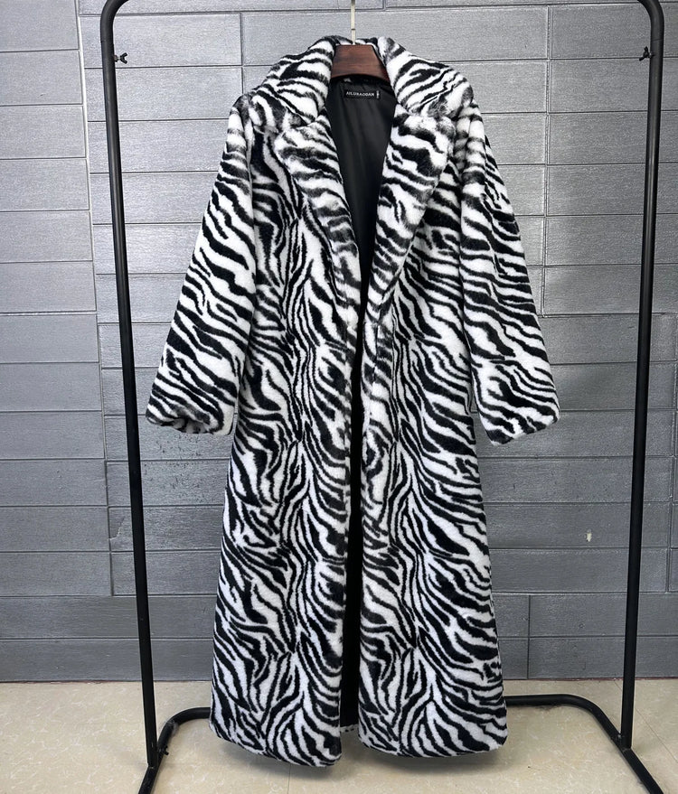 ZADORIN Elegant 130cm Long Furry Faux Rabbit Fur Coat Woman Y2K Clothes Leopard Lapel Faux Fur Jacket Woman Winter Fur Faux Coat