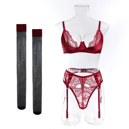 Sexy Wine Red Lace Trim Underwire Bra Lingerie Set Cut Out Garter Belt Matching Thong Intimate Sheer Nightwear Apparel Women