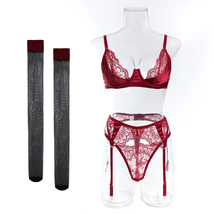 Sexy Wine Red Lace Trim Underwire Bra Lingerie Set Cut Out Garter Belt Matching Thong Intimate Sheer Nightwear Apparel Women