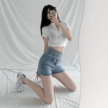 Women's super high waisted denim shorts for summer girls, new black A-line waist cinching slimming design, hot pants PlatiNum