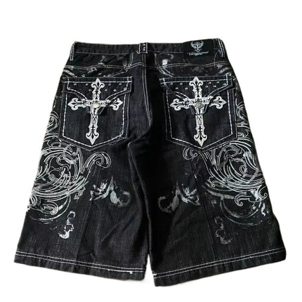 American Vintage Popular New Pattern Embroidery Baggy Denim Shorts Men Street Fashion Gothic Casual Joker Shorts Women Clothing PlatiNum