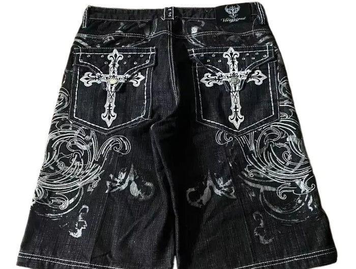 American Vintage Popular New Pattern Embroidery Baggy Denim Shorts Men Street Fashion Gothic Casual Joker Shorts Women Clothing PlatiNum