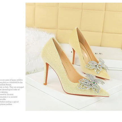 BIGTREE Scarpe Designer Nuove donne Décolleté Strass Farfalla Nodo Punta a punta Flock 10CM Tacchi sottili Scarpe da donna mature super alte