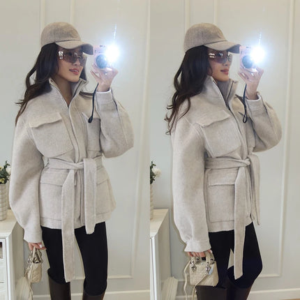 Casual Solid Woolen Loose Coats Women Belt Stand Collar Full Sleeve Zippers Lace Up Coat Female 2026 Autumn Lady Outwears