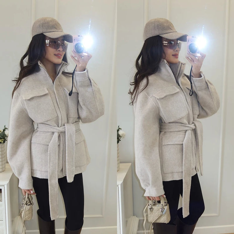 Casual Solid Woolen Loose Coats Women Belt Stand Collar Full Sleeve Zippers Lace Up Coat Female 2026 Autumn Lady Outwears