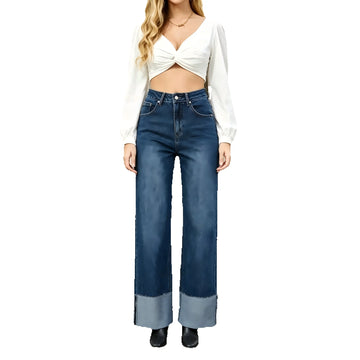 Dark Blue Wide Leg High Waist woman Jeans Loose Bottom lapel trousers Casual Sleek Comfortable Wear Daily Outings YW1329
