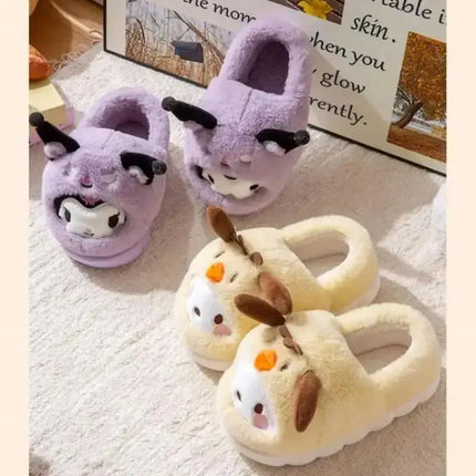 Anime Winter Plush Slippers Kuromi Hello Kitty Cinnamoroll Sanrioed Kawaii Cartoon Cute Indoor Thicken Warm Home Slippers