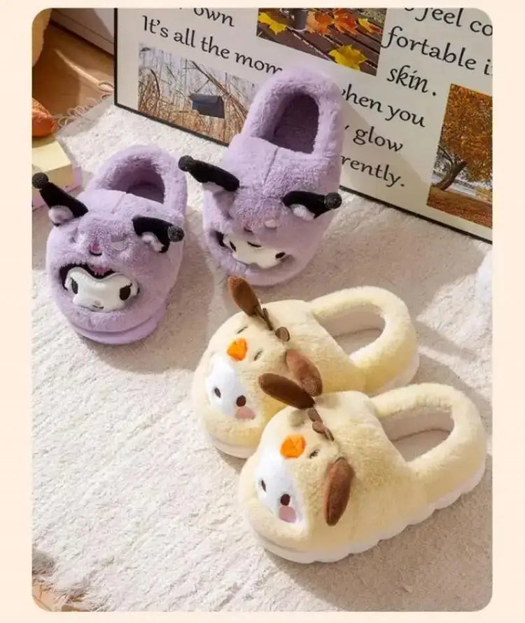 Anime Winter Plush Slippers Kuromi Hello Kitty Cinnamoroll Sanrioed Kawaii Cartoon Cute Indoor Thicken Warm Home Slippers