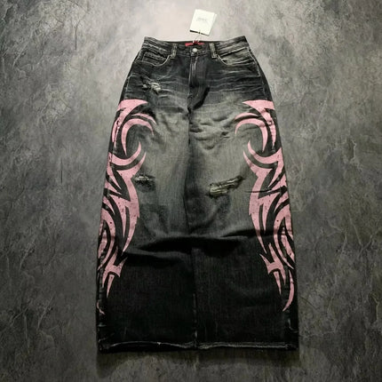 Y2K Street Retro Jeans Donna Pantaloni larghi con stampa totem screziati Moda Hip Hop Trend Coppia allentata Pantaloni larghi a gamba larga dritti americani