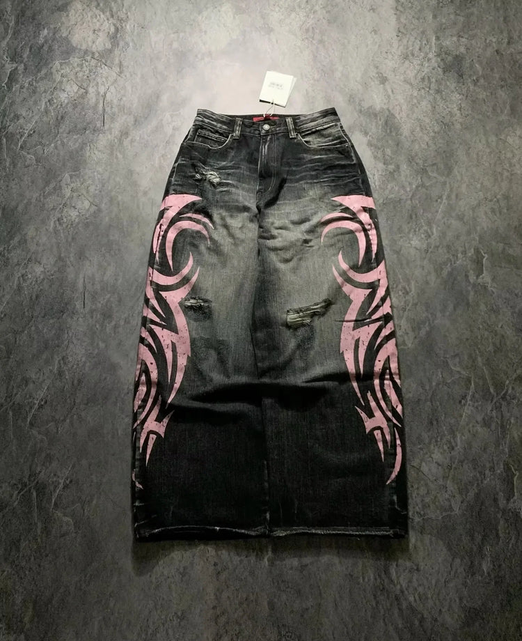 Y2K Street Retro Jeans Donna Pantaloni larghi con stampa totem screziati Moda Hip Hop Trend Coppia allentata Pantaloni larghi a gamba larga dritti americani