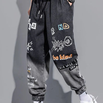 Men's Distressed Denim Pants Cuffed, Artistic Gradient Harem Jeans, Oversized Hip Hop Trousers for Spring Fall Versatile Outfits PlatiNum