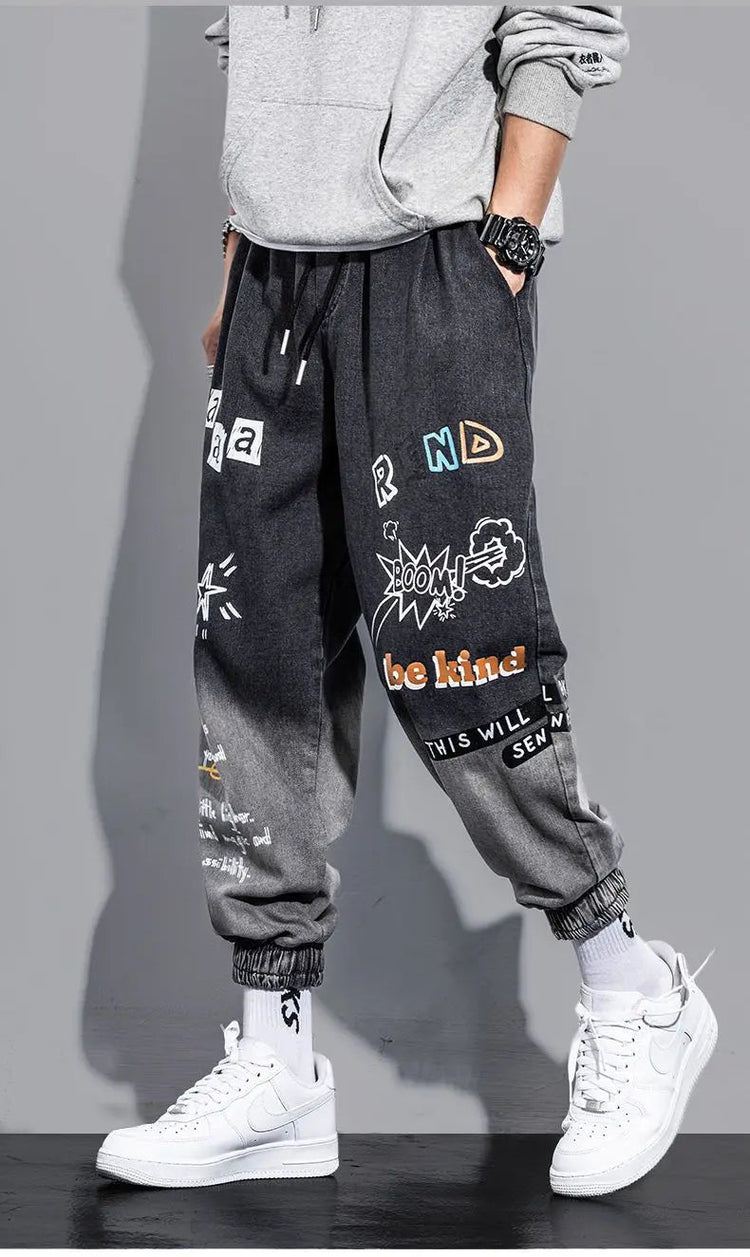 Men's Distressed Denim Pants Cuffed, Artistic Gradient Harem Jeans, Oversized Hip Hop Trousers for Spring Fall Versatile Outfits PlatiNum
