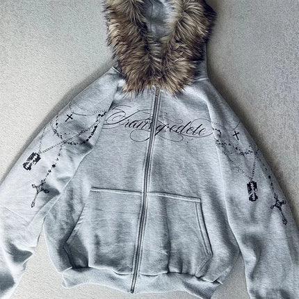 Winter Fashion Streetwear Women's Gothic Punk Faux Fur Hooded Jacket With Cross Print Trendy Edgy Zip - Up Sweatshirt 2026 New