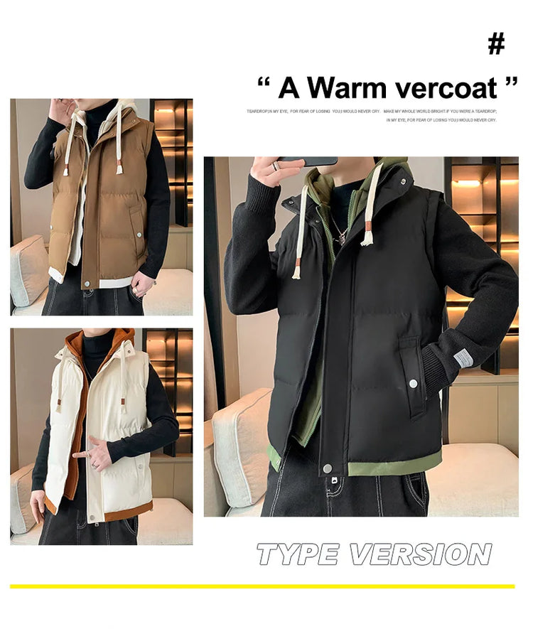 Men Windproof Hooded Vest Men Jacket Sleeveless Vest Winter Jacket Casual Coat Men Down Cotton Warm Thicken Waistcoat Thick Coat