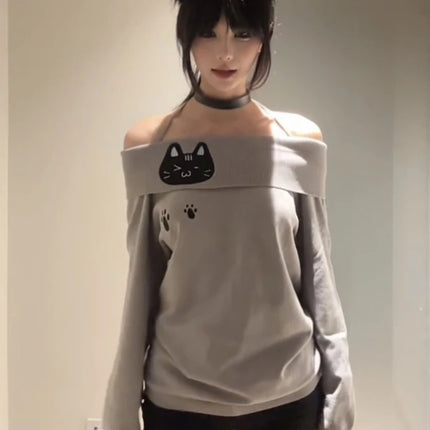 T-shirt con spalle scoperte con ricamo carino T-shirt da donna a maniche lunghe con gatto Kawaii Camicetta basic aderente T-shirt grigie senza spalline