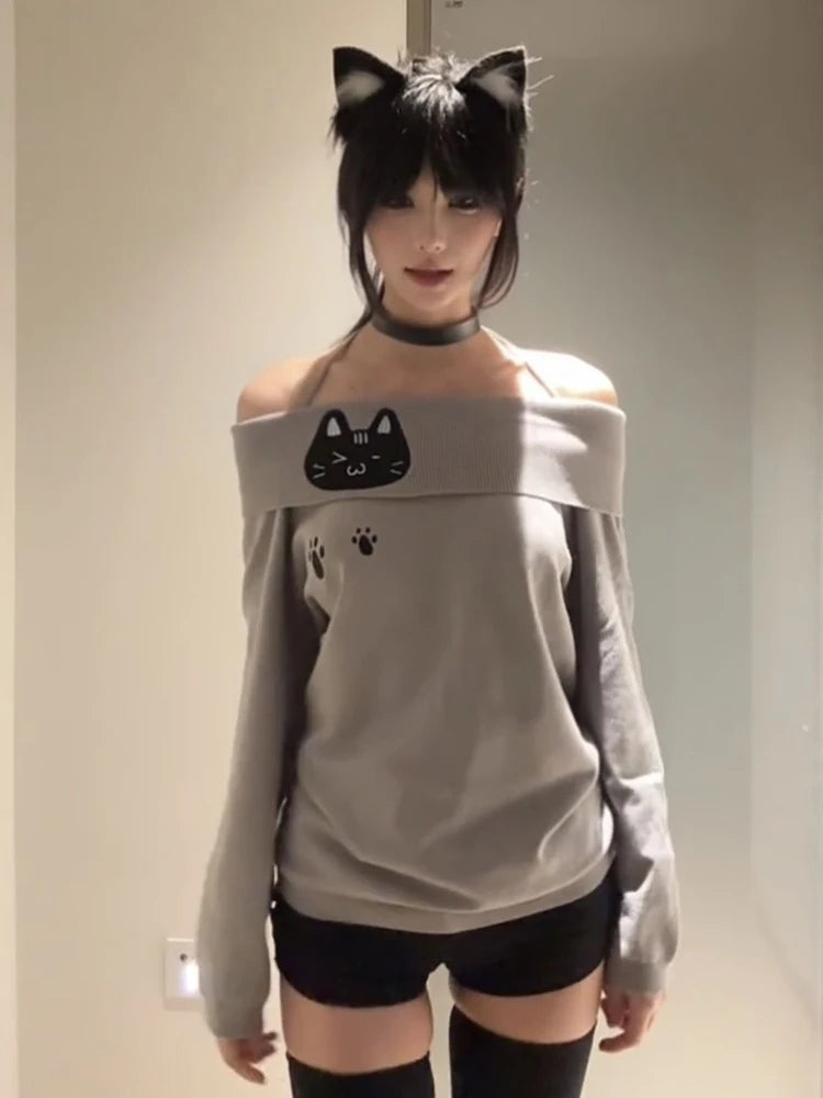 T-shirt con spalle scoperte con ricamo carino T-shirt da donna a maniche lunghe con gatto Kawaii Camicetta basic aderente T-shirt grigie senza spalline