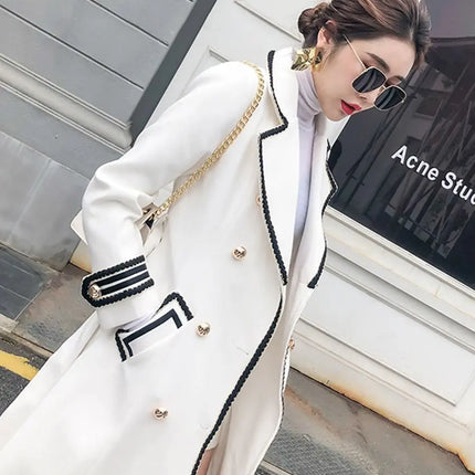 Women White Long Woolen Coat Autumn Winter British Hepburn Style Thicken Slim Double-Breasted Woolen Coat New Women Outwear