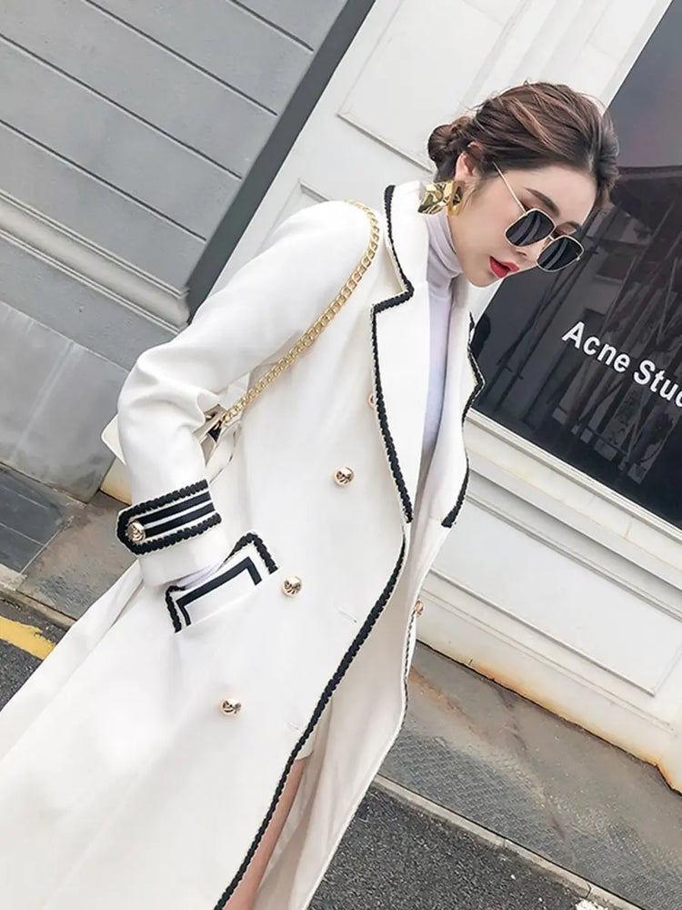 Women White Long Woolen Coat Autumn Winter British Hepburn Style Thicken Slim Double-Breasted Woolen Coat New Women Outwear