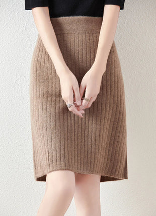 Autumn Winter Women Wool Skirt Elastic Waist Mini Slim Fit Cashmere Skirts 100% Merino Wool Knitted Office Lady Above Knee Dress PlatiNum