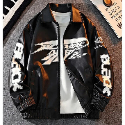 2026 New Men's American Racing Style Printed Leather Jacket Fashion Stand Collar Motorcycle Biker Coat Casual Outerwear PU
