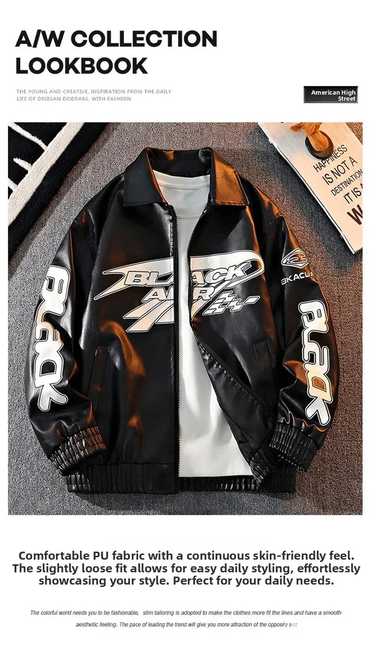2026 New Men's American Racing Style Printed Leather Jacket Fashion Stand Collar Motorcycle Biker Coat Casual Outerwear PU