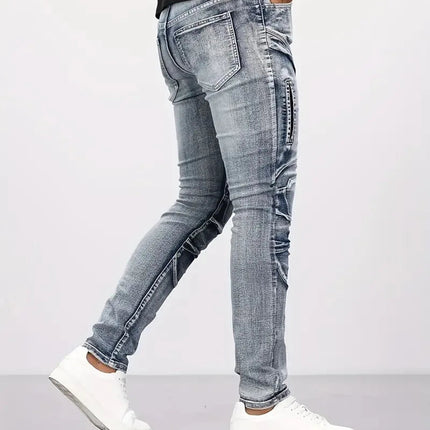 Two tone distressed patchwork jeans for men trendy jeans for summer thin straight leg pants slim fit small leg distressed jeans PlatiNum
