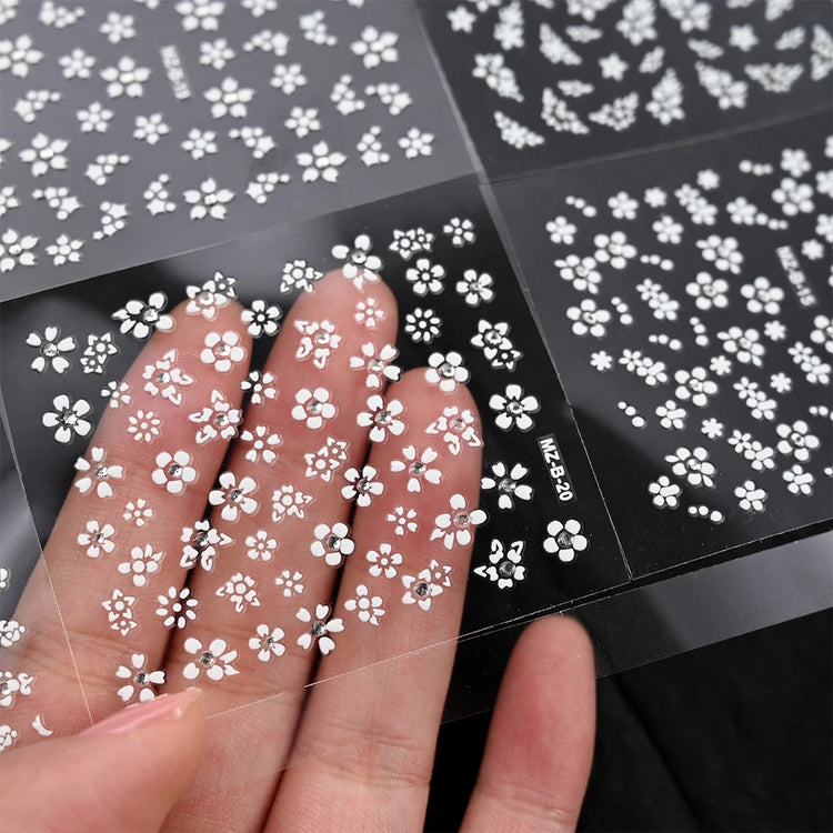30sheets White Flower Nail Art Stickers 3D Rhinestones Floral Nail Decals 5.5*6.5cm Self Adhesive White Flower Nail Decorations