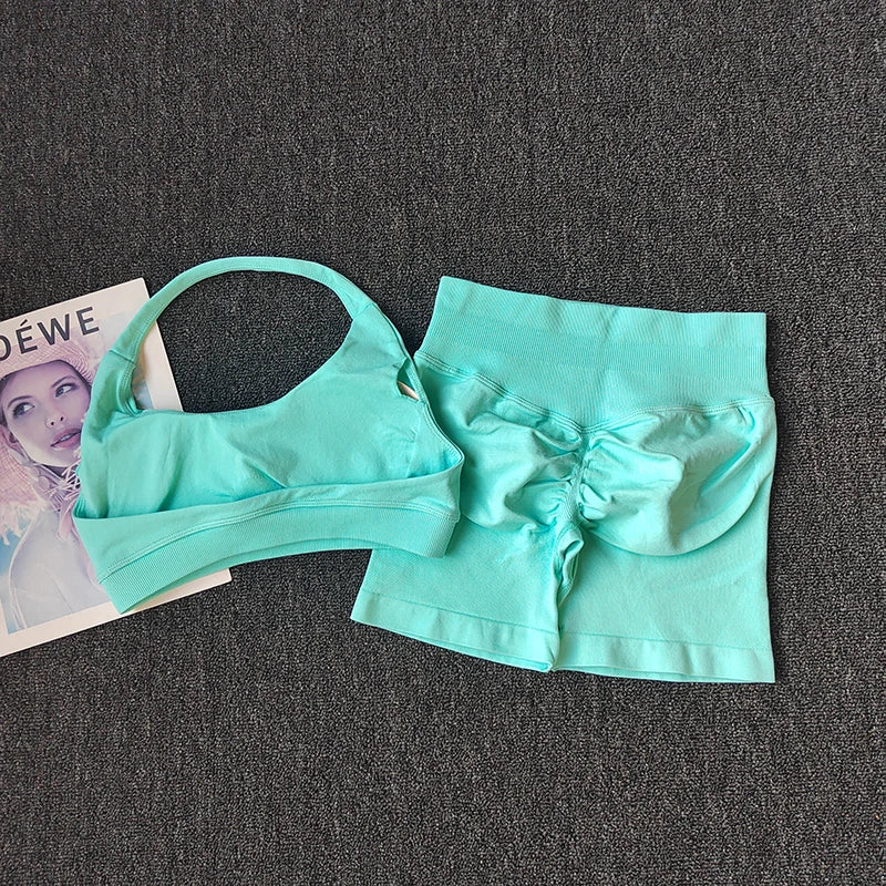 2PCs Peach High Waist Belly Hip Lifting Sports Bras Shorts Suit Gathering Shock-proof Neck Halter Yoga Suit Running Fitness Set