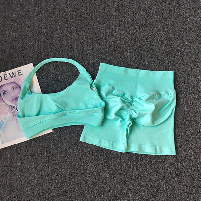 2PCs Peach High Waist Belly Hip Lifting Sports Bras Shorts Suit Gathering Shock-proof Neck Halter Yoga Suit Running Fitness Set