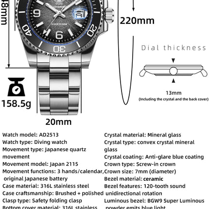 ADDIESDIVE Hot Sale 41mm Men Watch AD2513 200M Waterproof Reloj Hombre BGW9 Super Luminous Reloj Hombre Quartz Watch Reloj