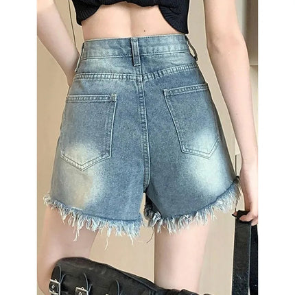 Women's retro vintage high waisted denim shorts thin casual summer with fringed edges slim and spicy A-line wide leg hot pants PlatiNum