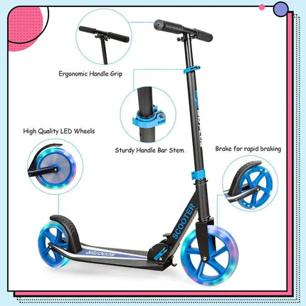 Monopattino pieghevole e regolabile con 2 grandi ruote e luci a LED - Blu