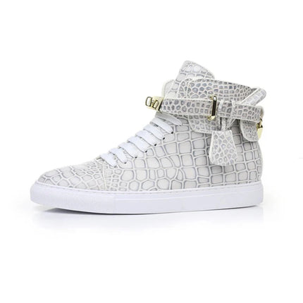 Luxury Designer Men Crocodile Pattern High Top Sneakers Glossy Patent Leather Gold Buckle Lace-up Casual Street Shoes Footwear