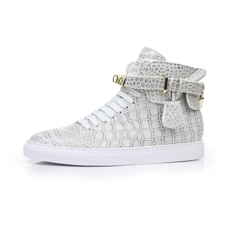 Luxury Designer Men Crocodile Pattern High Top Sneakers Glossy Patent Leather Gold Buckle Lace-up Casual Street Shoes Footwear