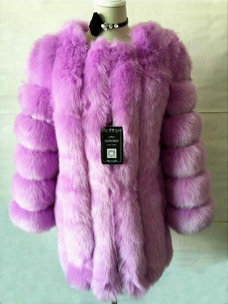 ZADORIN S-4XL Winter Luxury Faux Fox Fur Coat Slim Long Pink Red Blue Faux Fur Jacket Women Fake Fur Coats Manteau Fourrure