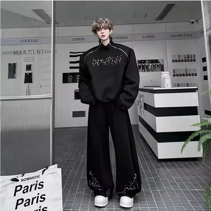 LUZHEN Fashion Street Two-piece Sets Men's Zipper Shoulder Design Long Sleeve Sweatshirt 2025 Autumn Loose Wide Leg Pants JY3912 PlatiNum