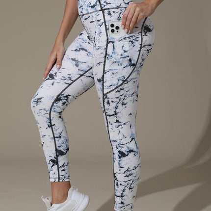 Printed women's high waistband pocket fitness pants paired with tight abdominal yoga pants, suitable for running, hiking, and sp PlatiNum