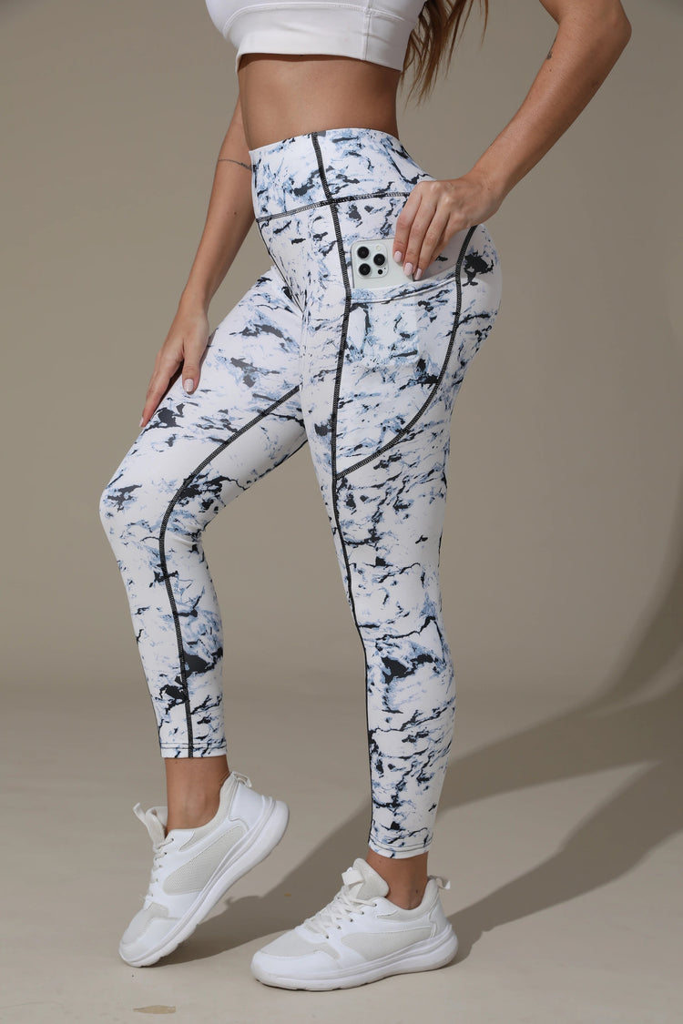 Printed women's high waistband pocket fitness pants paired with tight abdominal yoga pants, suitable for running, hiking, and sp PlatiNum