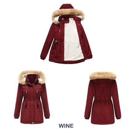 Women's Winter Coat Warm Fleece Lined Parka Detachable Faux Fur Hood Padded Jacket Slim Waist Thick Sherpa Loose Cotton Outwear