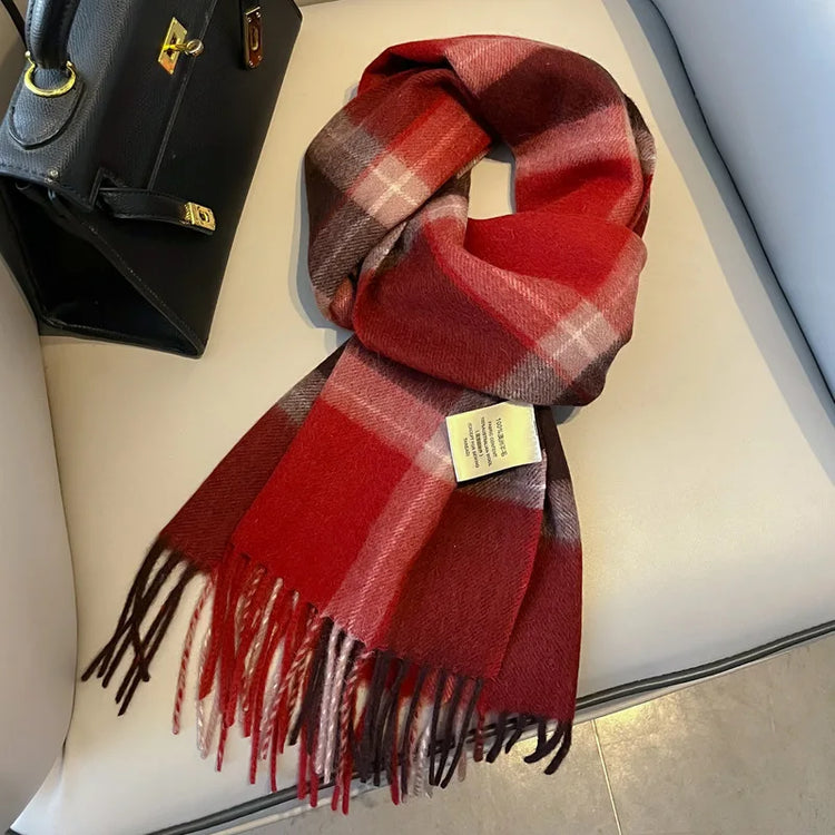 High Quality 100% Pure Wool Scarf Women Classic Chic  Autumn Winter Colorful Plaid Tassel Warm Muffler Female Thermal Shawl Lady