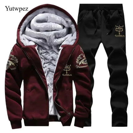 M-6XL Men's Winter 2 Piece Tracksuit Set, Thickened Warm Hooded Coat & Sweater, Outdoor Hiking Cycling Camping Running Outerwear